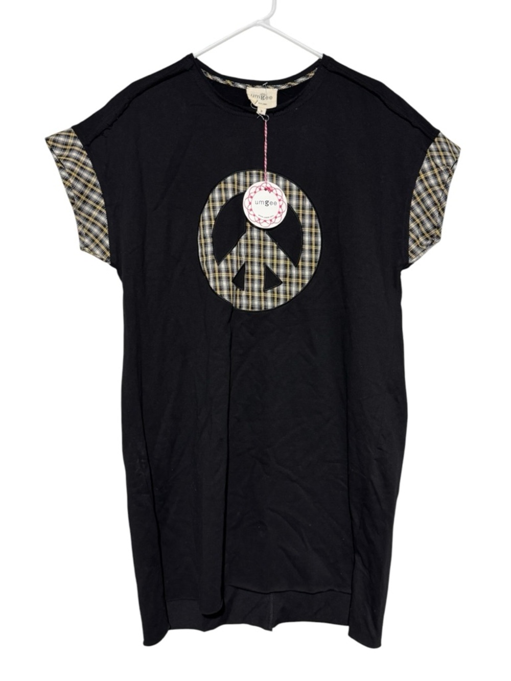 Umgee NWT T-shirt Dress Size Small Black Plaid Peace Sign Hippie Boho Oversized